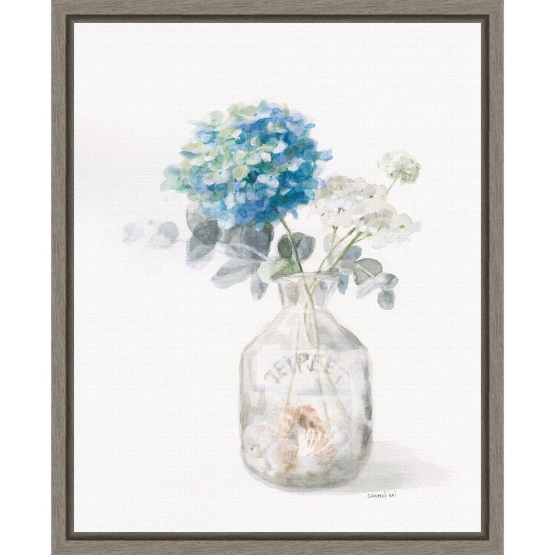 Blue and White Floral Canvas Print with Gray Frame