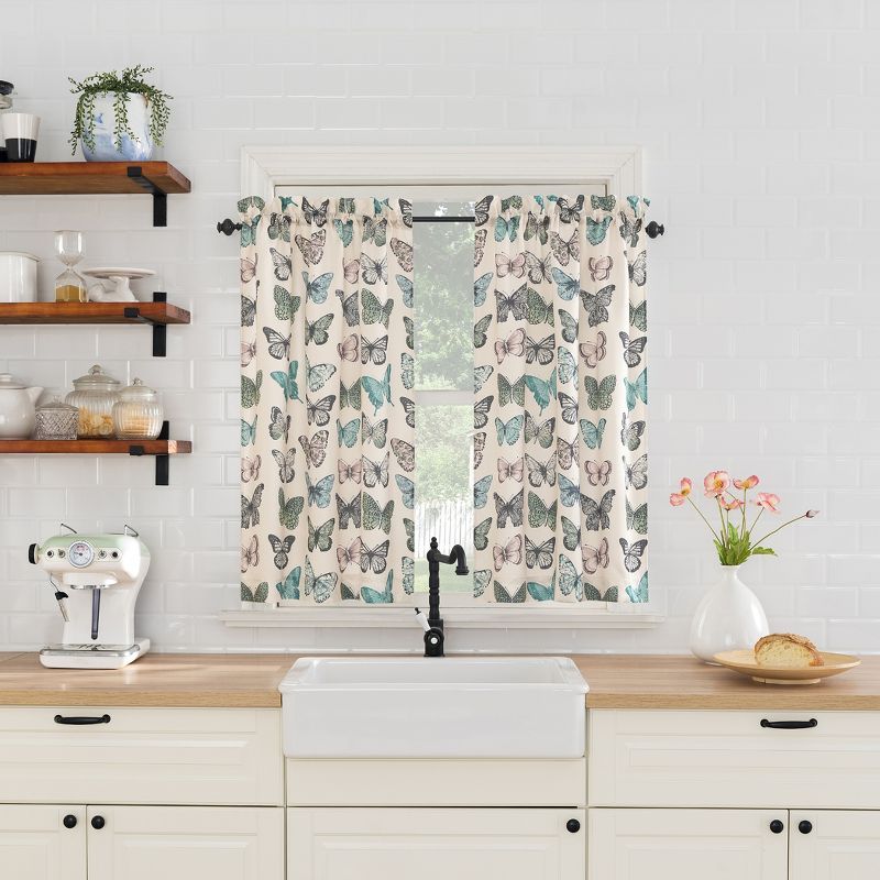 Blue Butterfly Print Sheer Polyester Kitchen Curtain Tier Pair