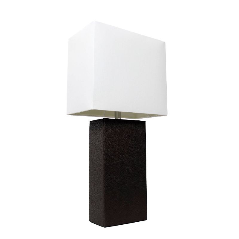 Modern Black Leather Rectangular Table Lamp with White Fabric Shade