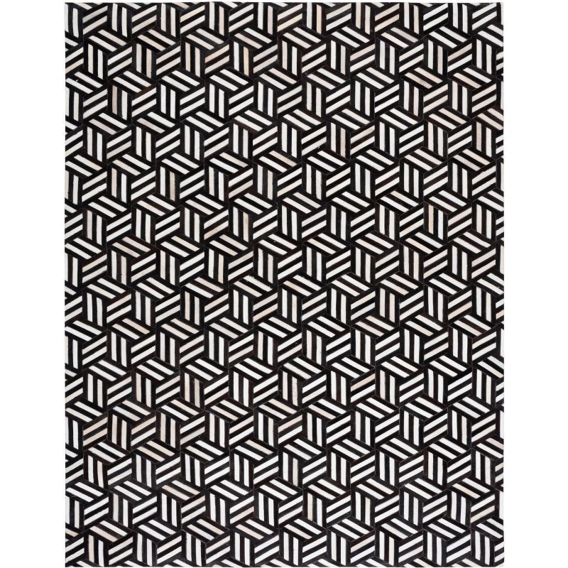 Ivory and Black Geometric Cowhide Area Rug, 8' x 10'