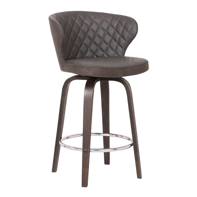 Mynette 30" Contemporary Brown Faux Leather & Wood Swivel Barstool