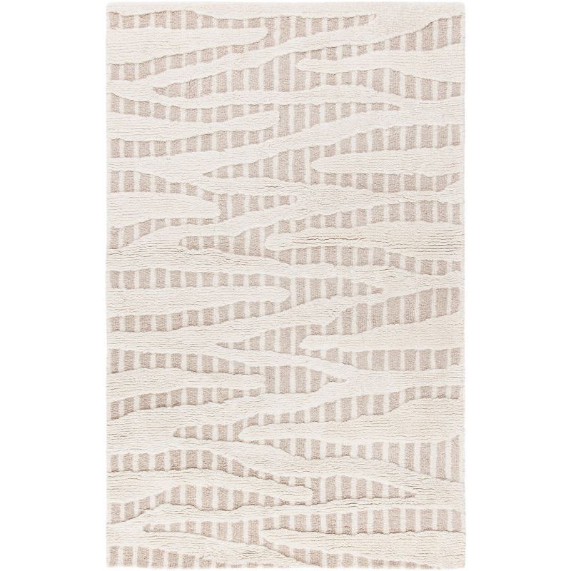 Beige/Ivory Rectangular Handmade Wool Shag Rug, 3' x 5'