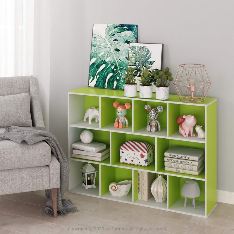 Contemporary White & Light Green Wood 11-Cube Kids Storage Shelf