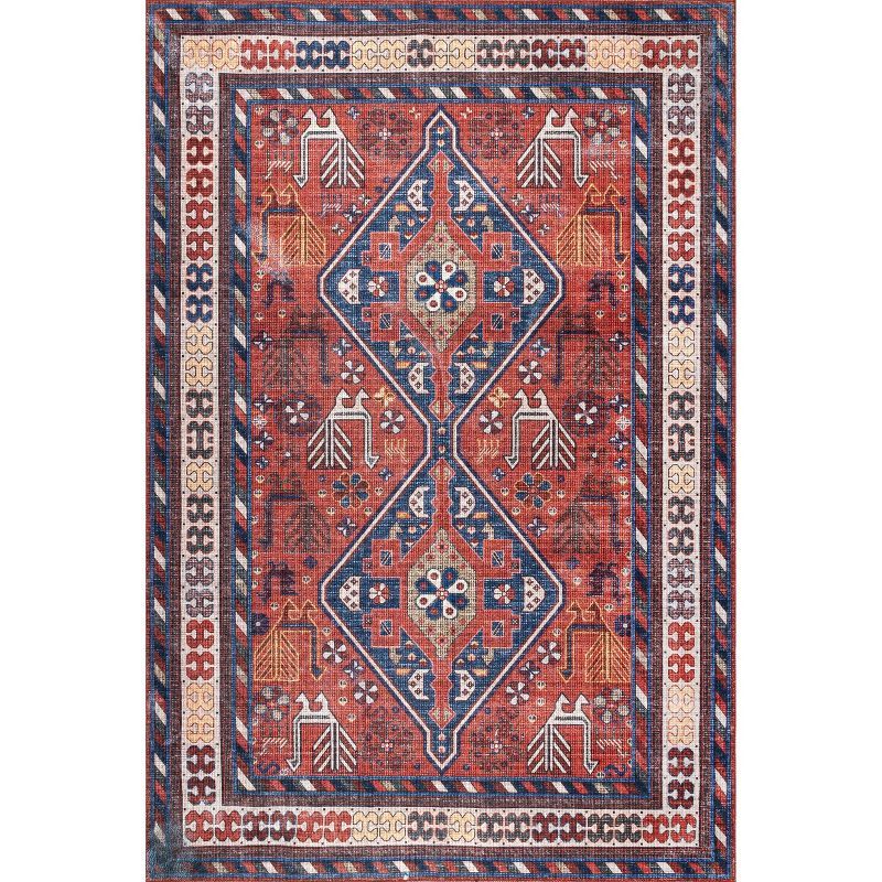 Stella Red and Blue Washable Synthetic Tribal Area Rug