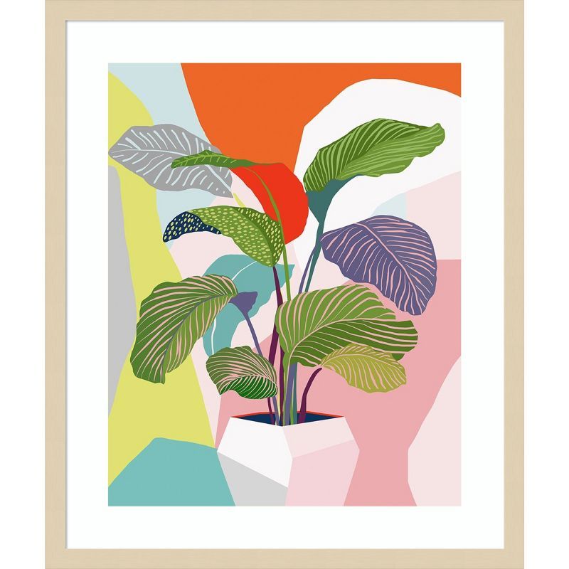 Vibrant Abstract Plant Print with Natural Wood Frame