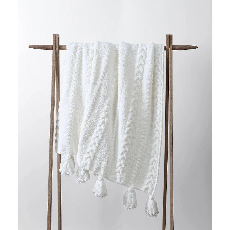 White Braided Tassel Knit Throw Blanket