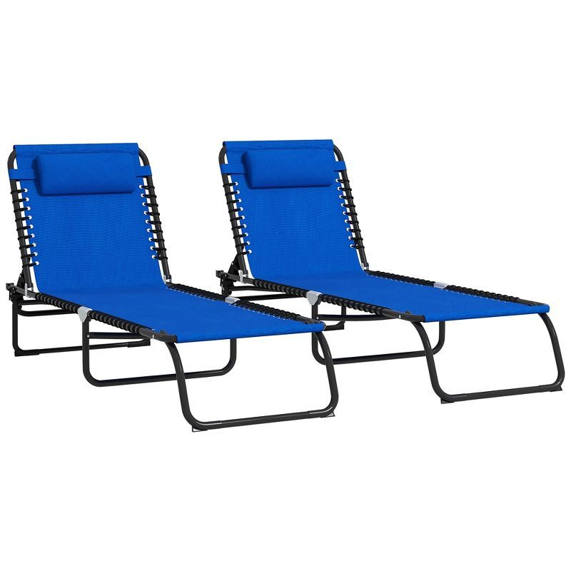 Set of 2 Blue Folding Chaise Lounge Chairs with Cushions