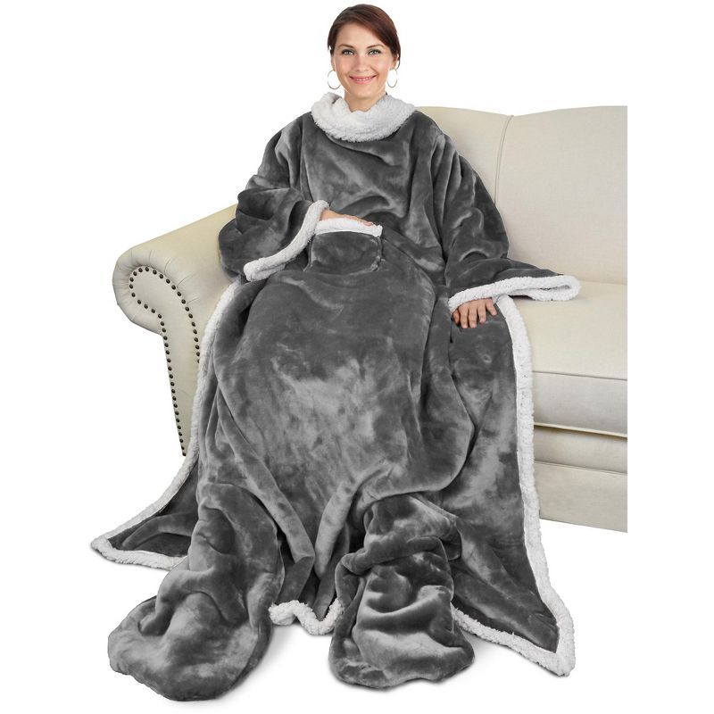 Gray Sherpa Fleece Wearable Blanket with Sleeves and Foot Pockets