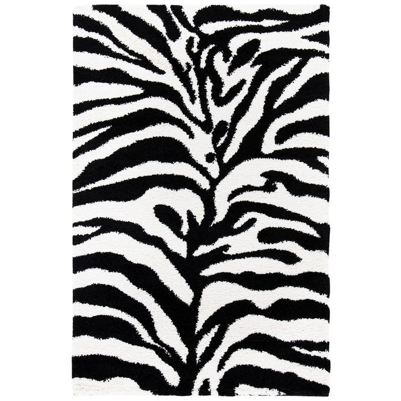 Ivory and Black Zebra Stripe Shag Area Rug, 4' x 6'