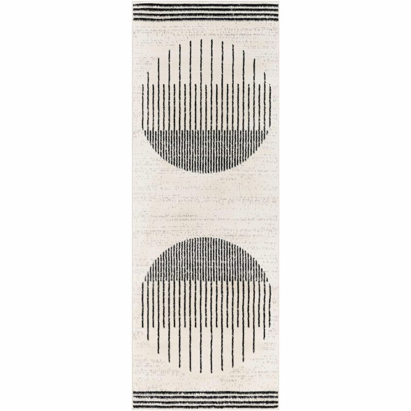 Black and Off-White Striped Polypropylene Runner Rug