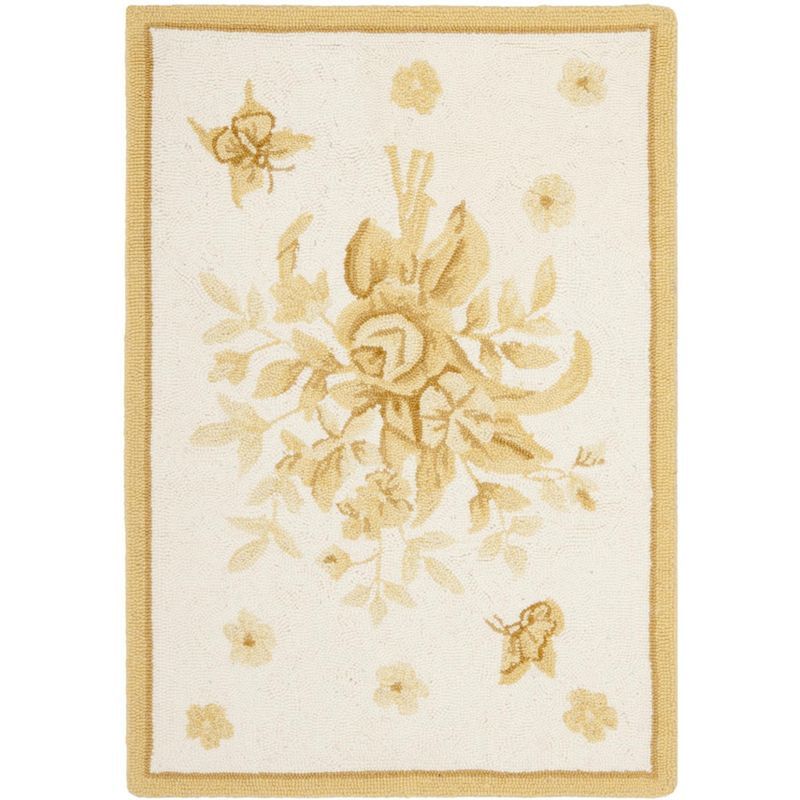 Ivory and Gold Floral Hand-Hooked Wool Area Rug