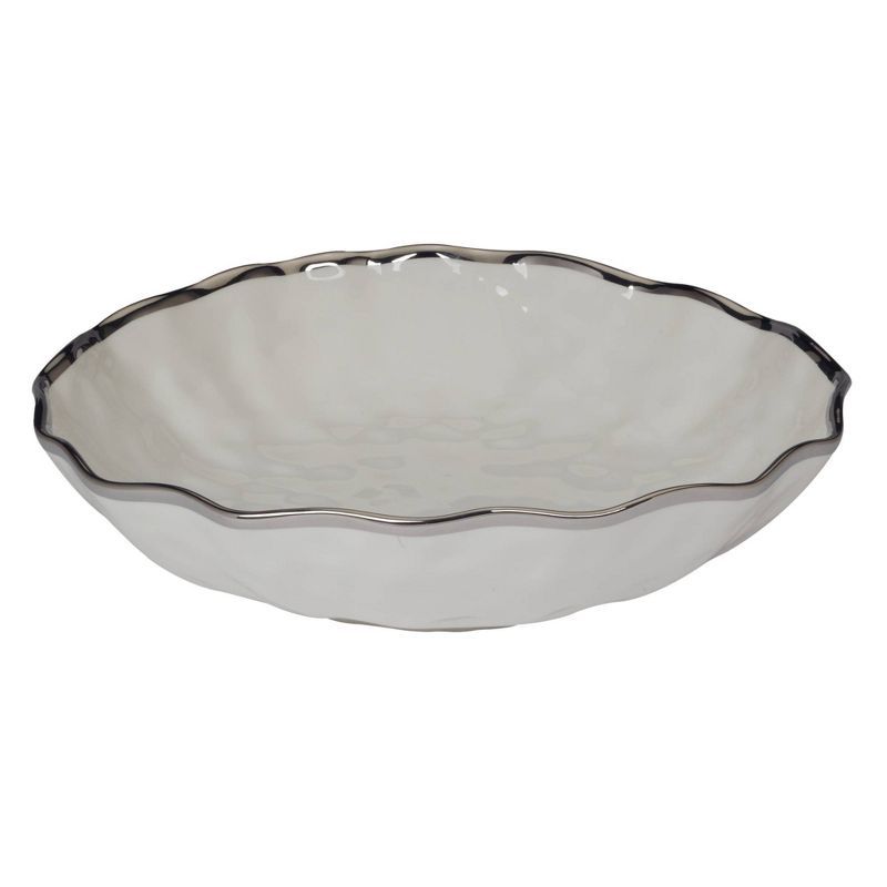 Gray Ceramic Round Serving Bowl with Silver Rim