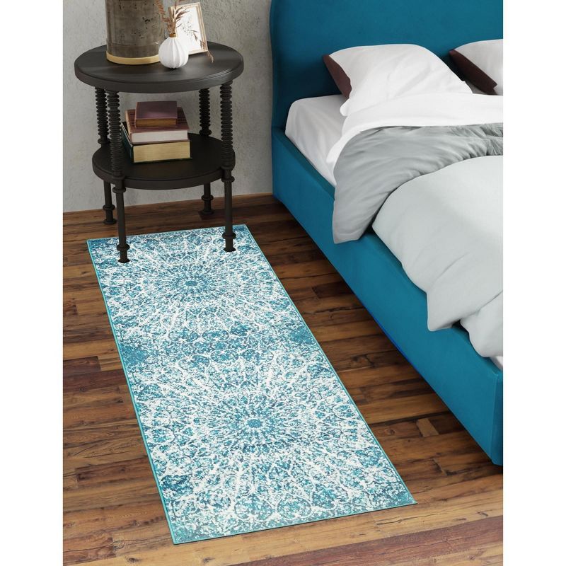 Turquoise and White Synthetic Reversible Runner Rug