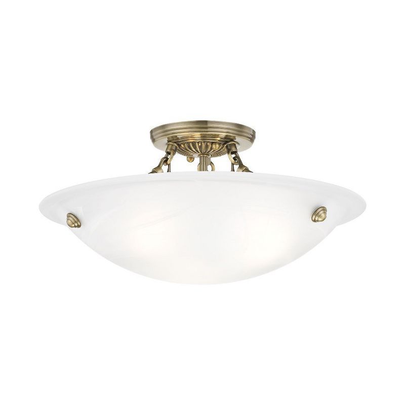 Antique Brass Elegance 3-Light Flush Mount with White Alabaster Glass