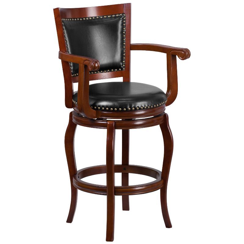 Cherry Wood and Black Leather Swivel Barstool with Arms