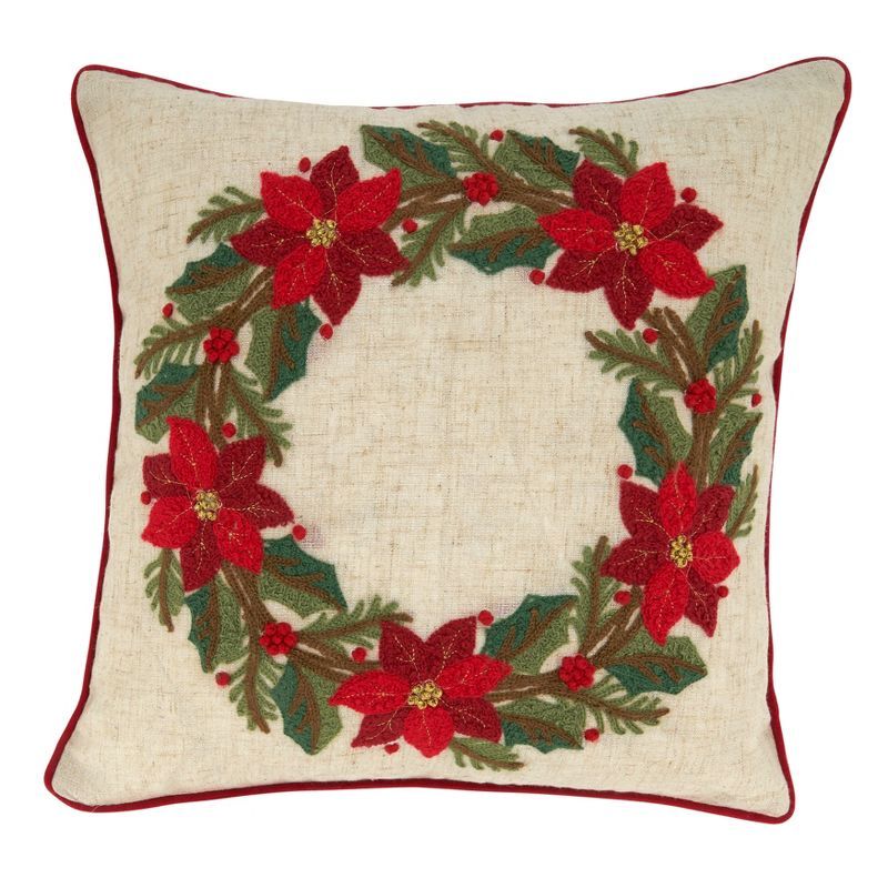 16" Natural Poinsettia Wreath Holiday Throw Pillow