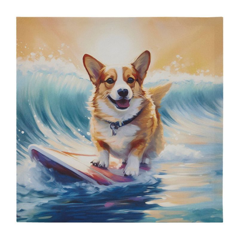 16" Square Multicolor Canvas Wall Art with Surfing Corgi