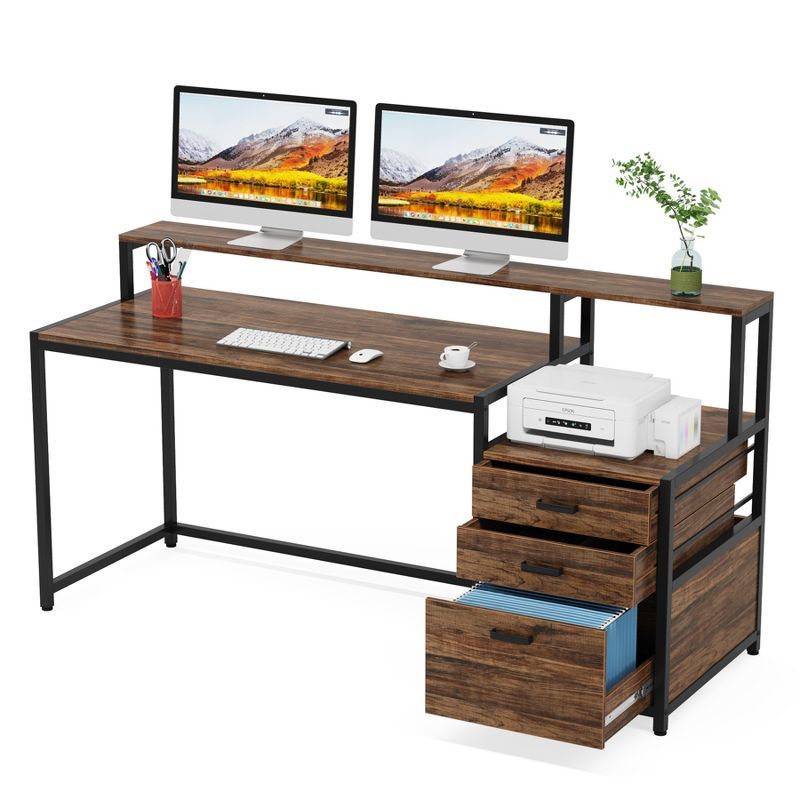 Rustic Brown Adjustable Height Wood Computer Desk with Drawer and Filing Cabinet
