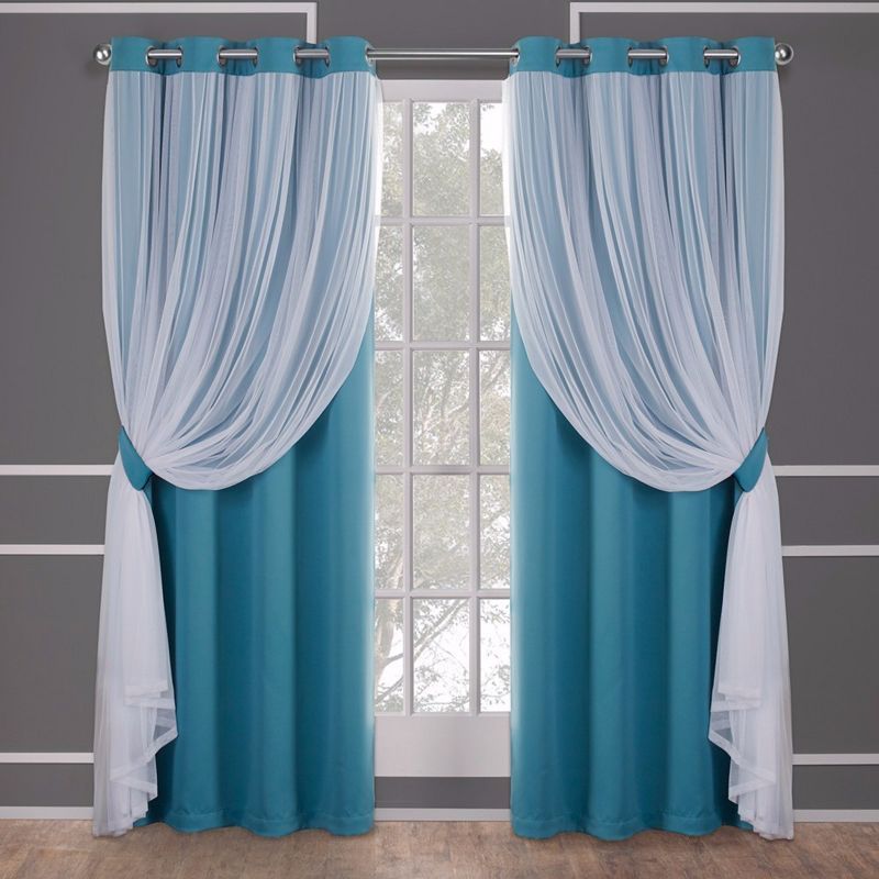 Turquoise and Cloud Gray Double Layer Blackout Sheer Curtain Panels