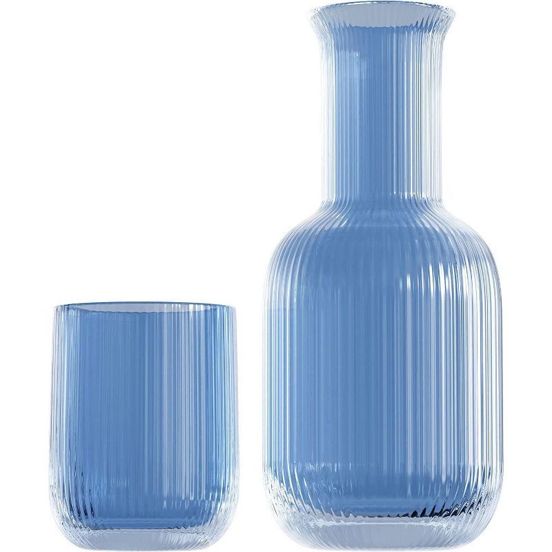 Blue Ribbed Glass Bedside Water Carafe with Tumbler Lid