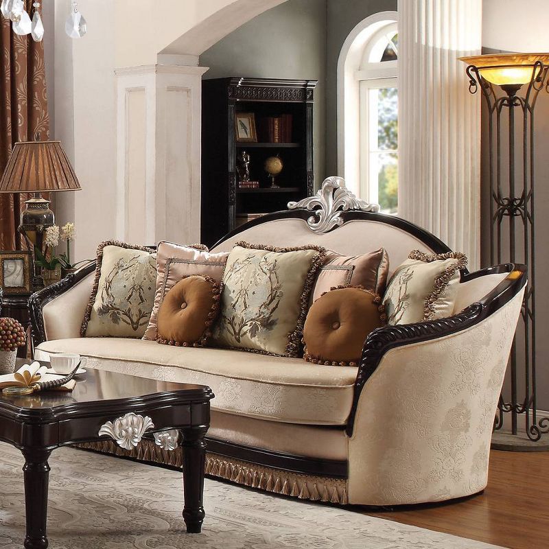 Elegant Traditional Black and Tan Fabric Sofa with Wooden Accents