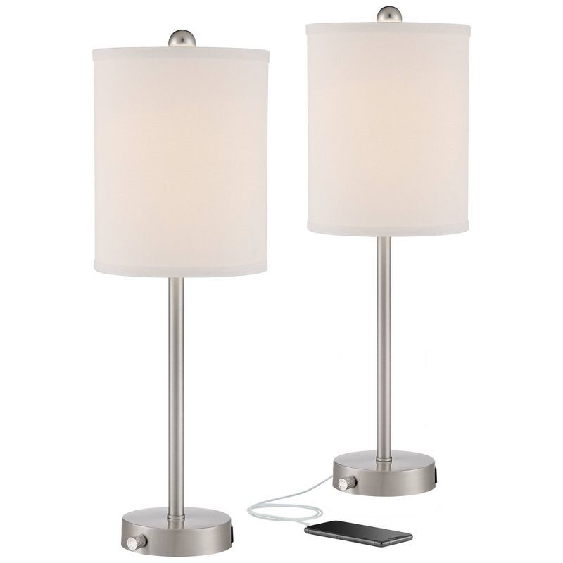 Brushed Nickel Table Lamps with USB and White Fabric Shades, Set of 2