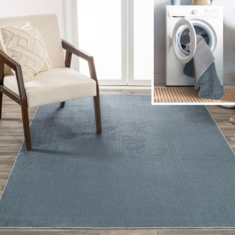 Blue Solid Synthetic 4' x 6' Washable Area Rug