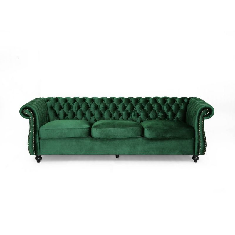 Emerald Velvet Chesterfield Sofa with Nailhead Trim