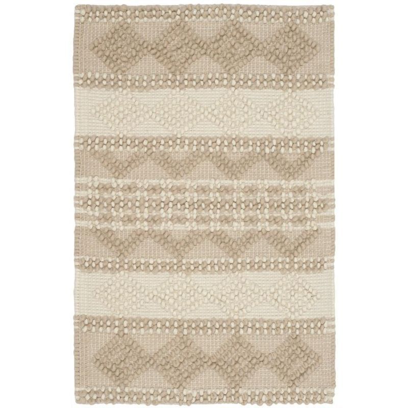 Ivory and Beige Handwoven Wool-Cotton Blend Rug, 2' x 3'