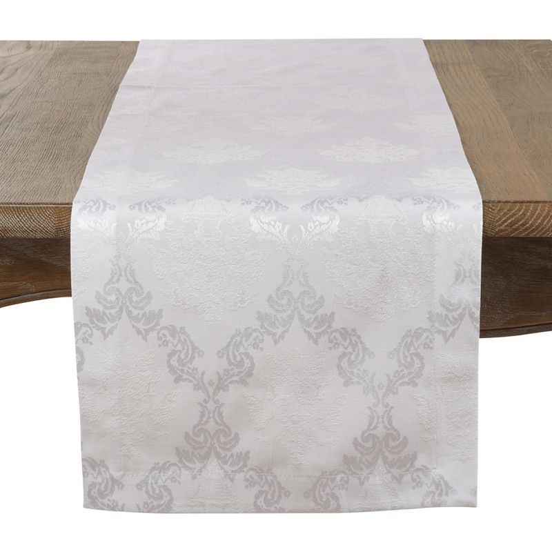 White Damask Sheen Polyester Cotton Table Runner, 15" x 108"