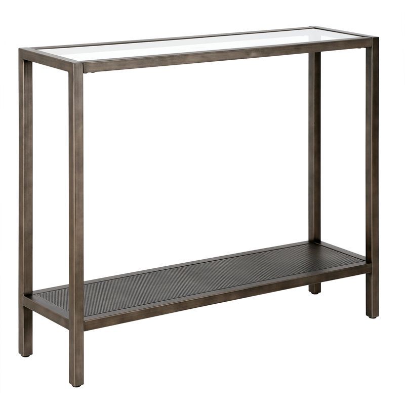 36" Aged Steel and Glass Industrial Hallway Table with Mesh Shelf