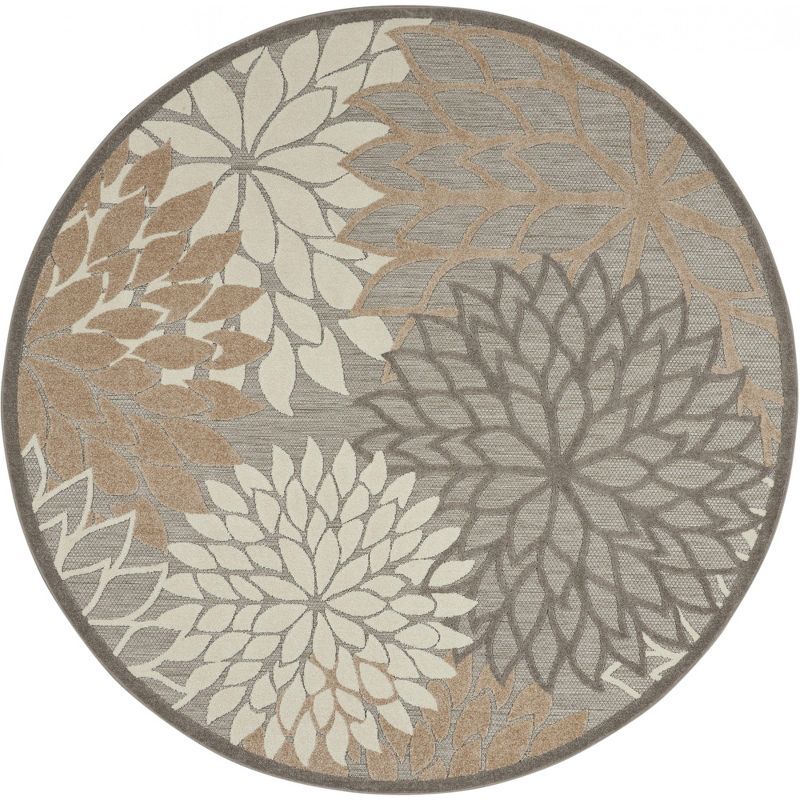 Gray and Brown Round Floral Synthetic Medium Rug