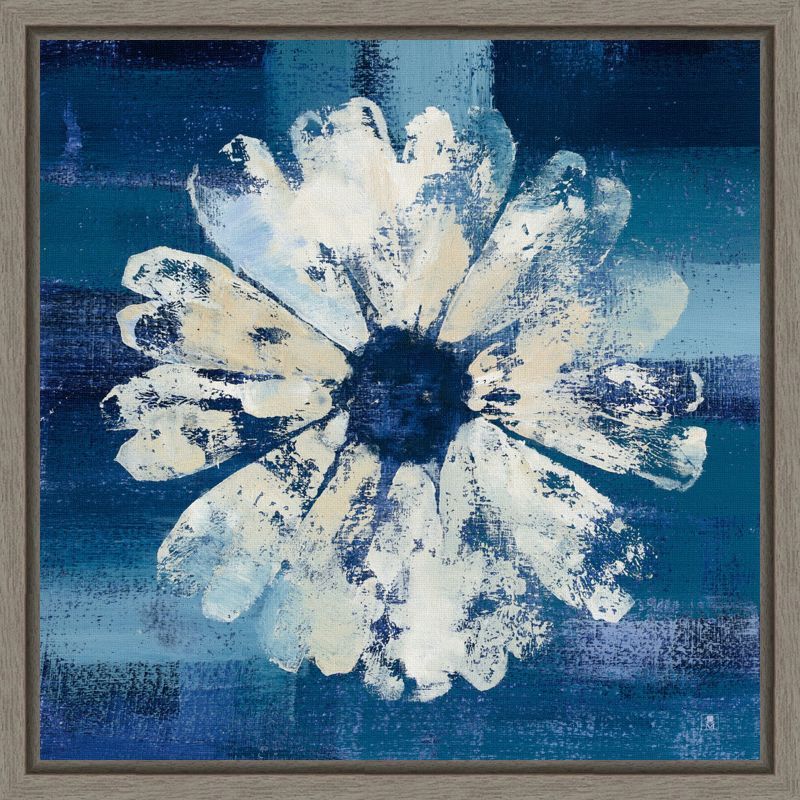 16 x 16 Blue and White Abstract Floral Canvas Print with Gray Frame