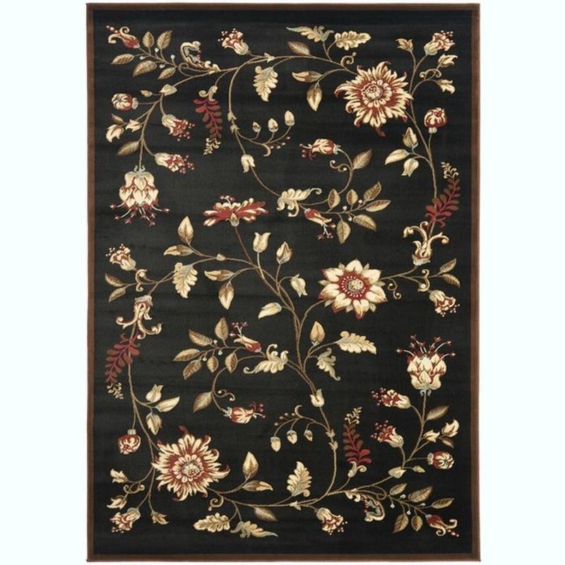 Elegant Floral Symphony 5' x 7' Black Hand-Knotted Area Rug