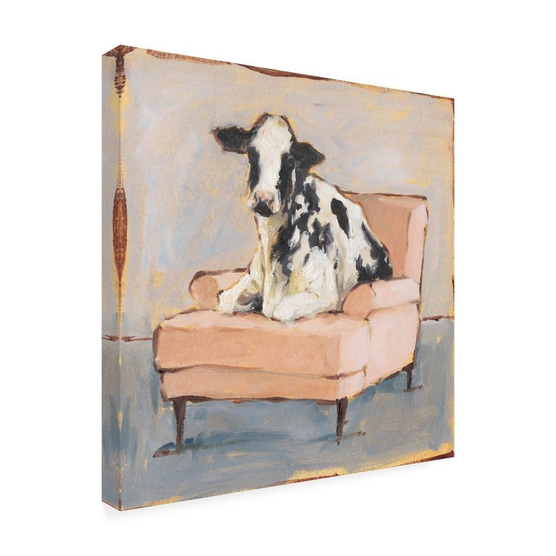 18'' x 18'' Black and White Cow on Pink Chair Canvas Art