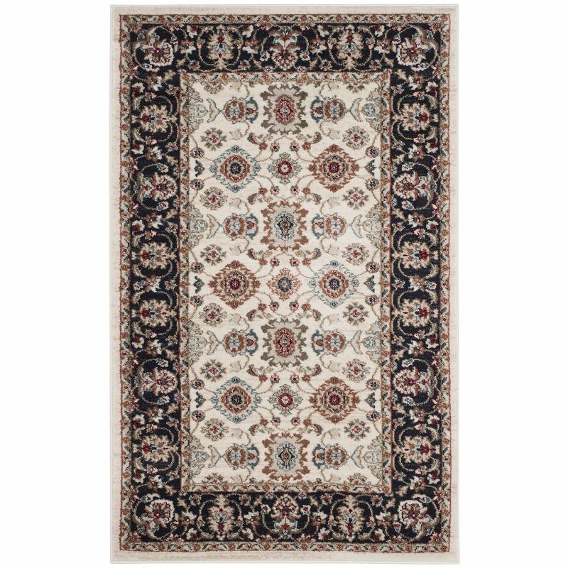 Cream and Navy Rectangular Hand-Knotted Synthetic Area Rug