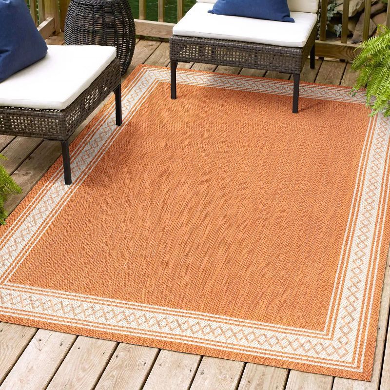 Lucia Classic Diamond Border Orange and Cream Synthetic Rectangular Rug