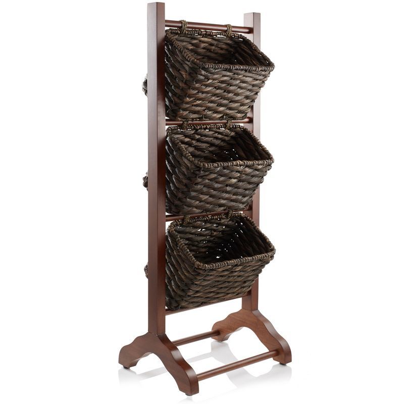 Walnut 3-Tier Floor Stand with Water Hyacinth Baskets