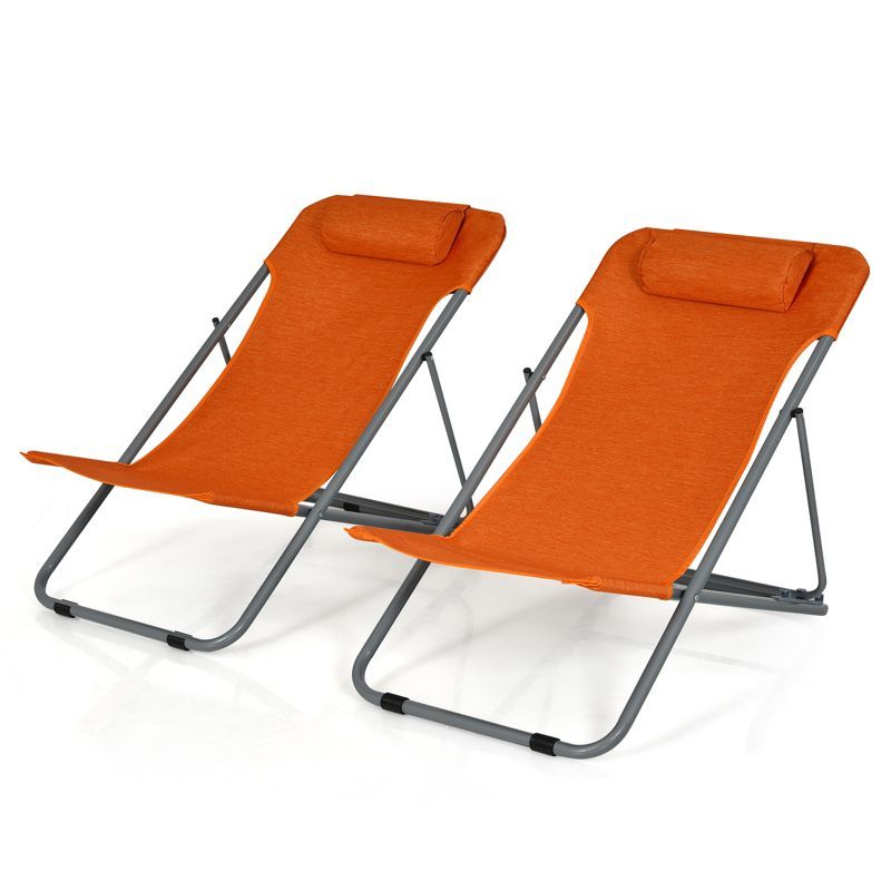 Orange Folding Beach Lounger Set with Adjustable Backrest