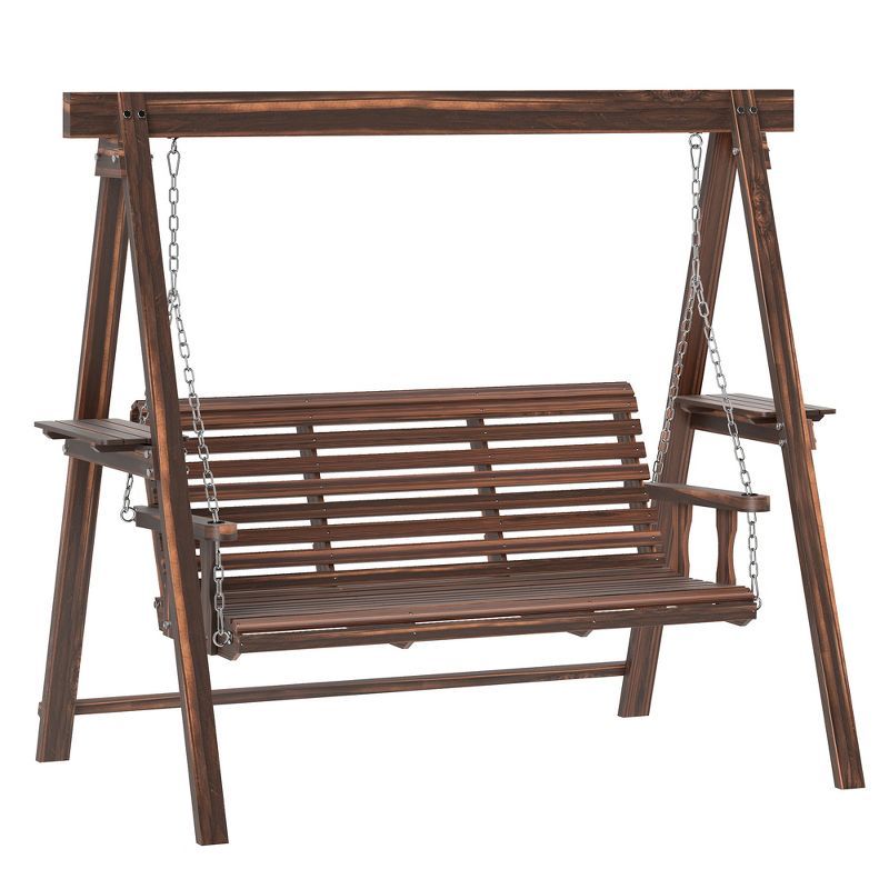 Carbonized Brown Solid Fir Wood 3-Seat Porch Swing with Side Tables