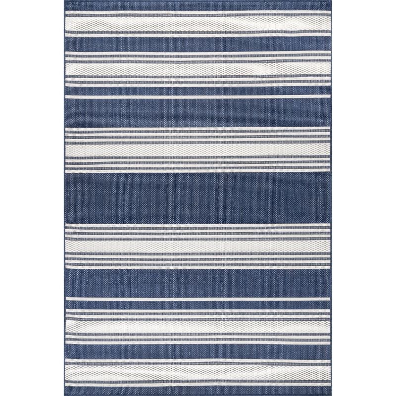 Navy Striped Synthetic 5' x 8' Easy-Care Indoor/Outdoor Rug