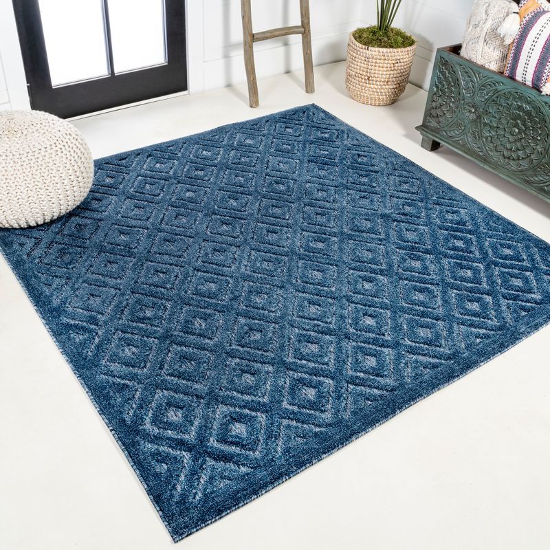 Navy Vintage Geometric 5' Square Synthetic Indoor/Outdoor Rug