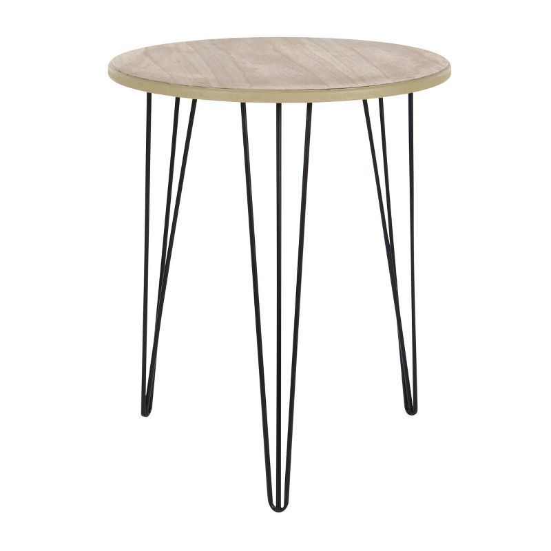 Modern Round Brown Wood and Metal Accent Table