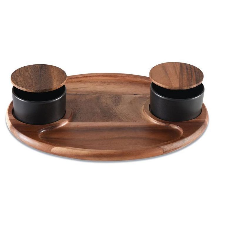 Acacia Wood Charcuterie Tray with Black Ceramic Bowls and Lids