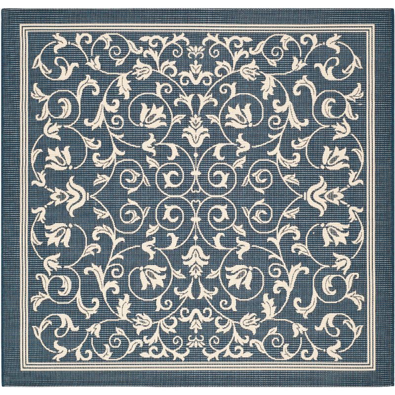 Navy and Beige Square Synthetic Indoor/Outdoor Rug