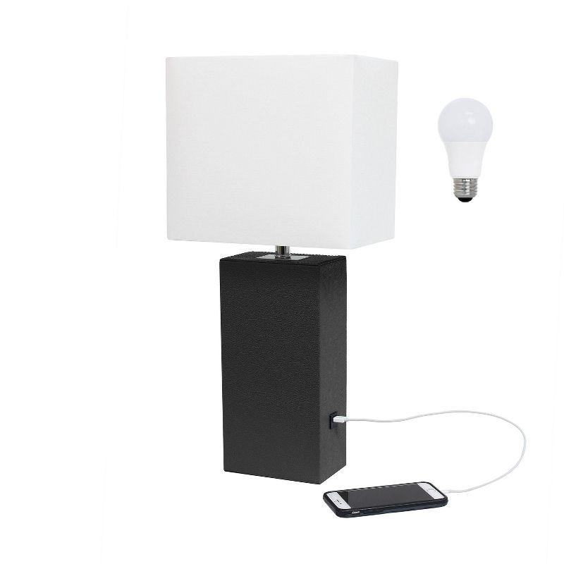 21" Black Leather Wrapped Table Lamp with USB Port and White Fabric Shade
