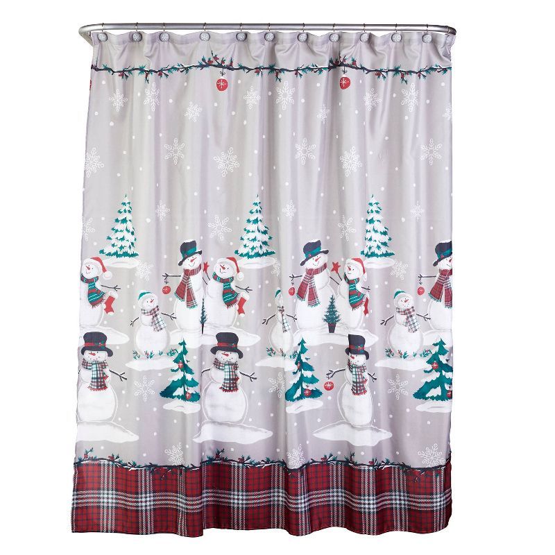 Plaid Snowman Fabric Shower Curtain with Hooks Set