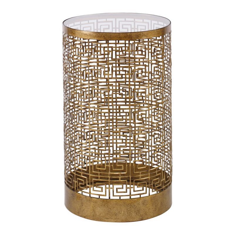 Gold Round Metal and Glass Mirrored Accent Table