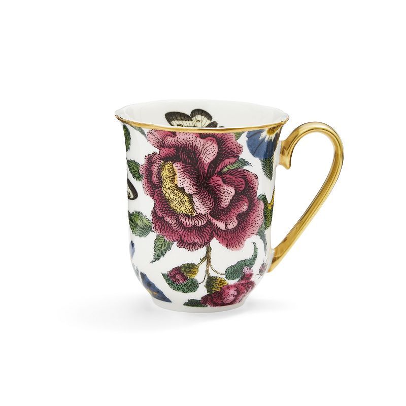 White Floral Ceramic Mug with Gold Handle, 12 Ounce