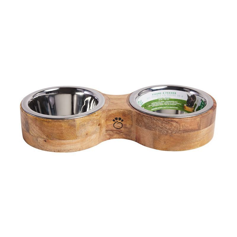 Small Mango Wood Elevated Double Pet Feeder with Stainless Steel Bowls